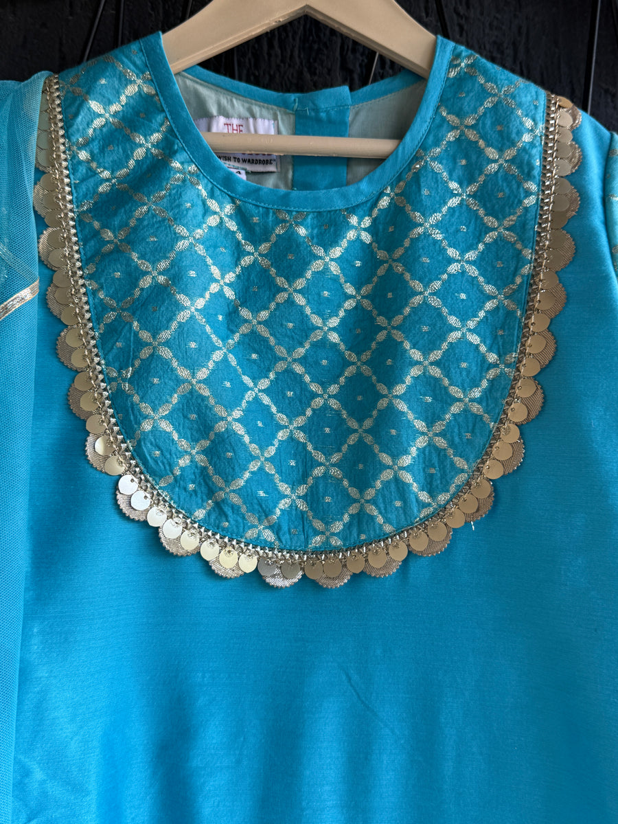 Aqua Blue Kurta Set For Girls