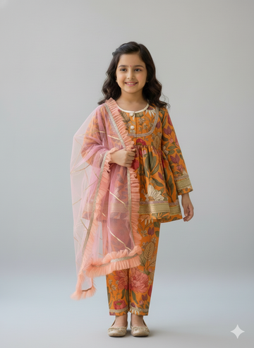 Orange flower print angrakha set for girls, handmade to order.
