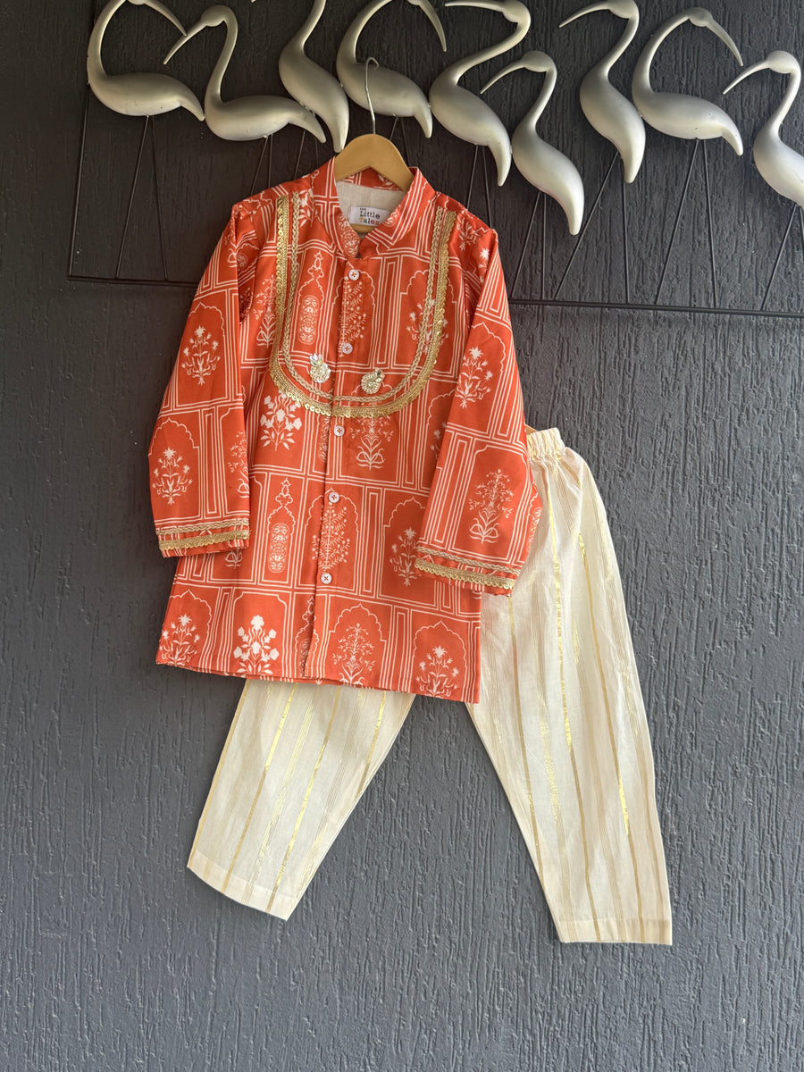 Orange mughal print boys kurta set