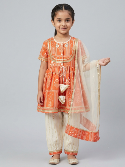 Orange mughal print kurta set — handmade festive kidswear by The Wishing Closet