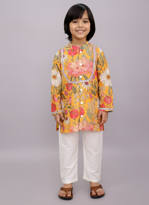 Yellow bold  flower print kurta set