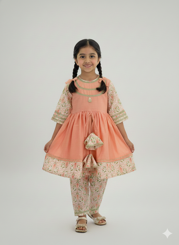 Peach cotton silk frock style kurta for girls, handmade to order.