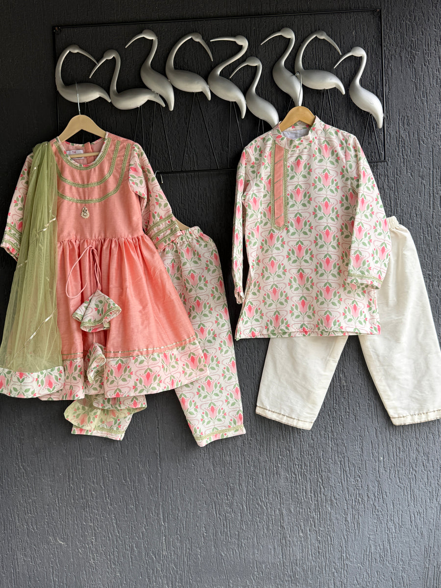 Peach cotton silk frock style kurta with dupatta