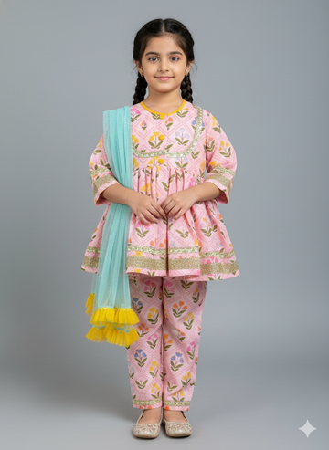 Pink geometric flower print kurta set for girls, handmade to order.