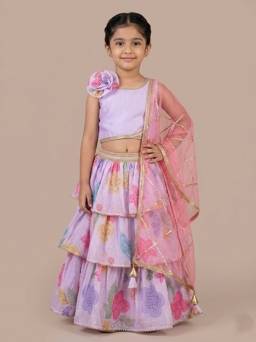 Purple print layered lehenga set