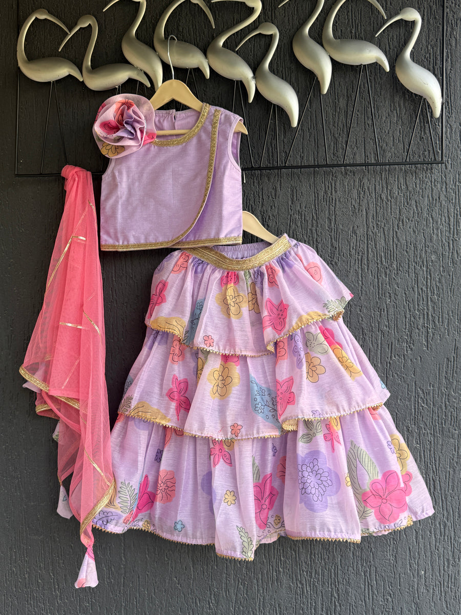 Purple print layered lehenga set