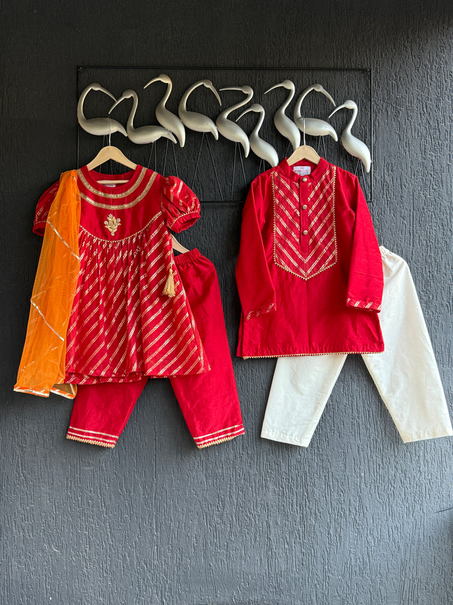 Red Chanderi A- line Kurta set