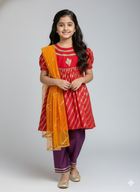 Red Chanderi A- line Kurta with contrasting bottom