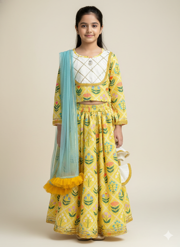 Sunny Yellow Floral Print Lehenga for girls, handmade to order.