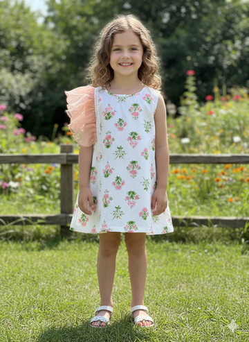 White floral print frill dress for girls, handmade to order.