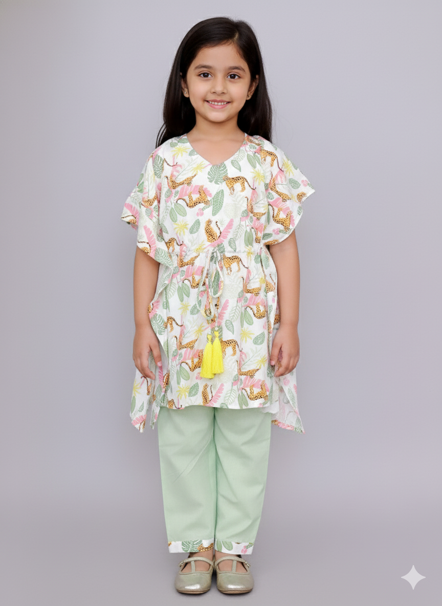White tiger print kaftan kurta set