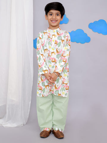 White tiger print kurta set for boys, handmade to order.