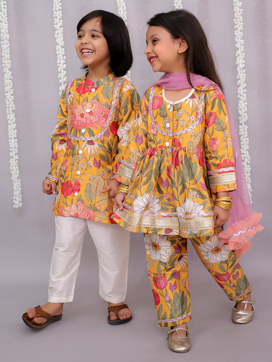 Yellow bold  flower print kurta set