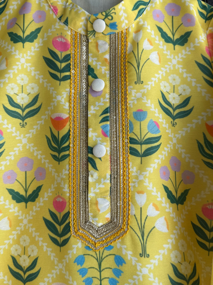 Yellow multi flower print boys kurta set