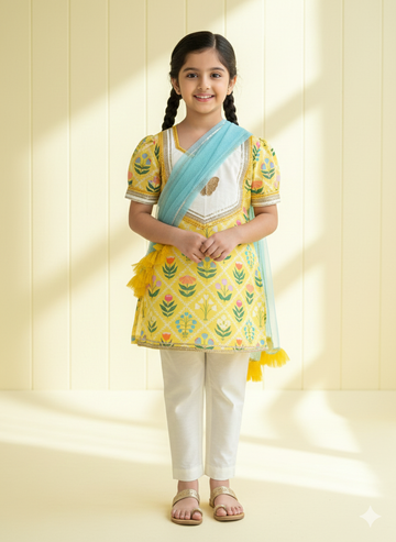 Yellow multi flower print kurta set for girls, handmade to order.