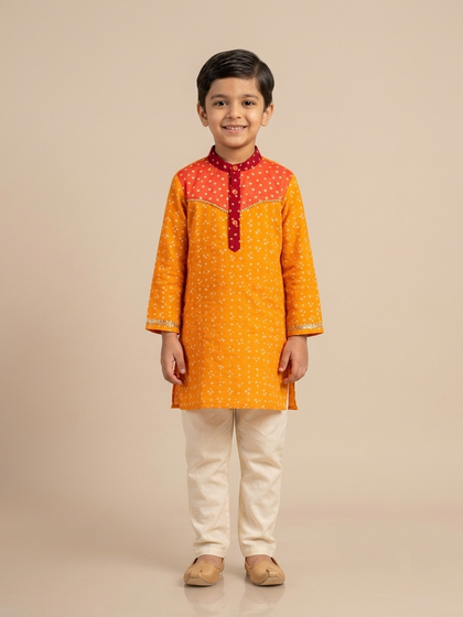 Yellow orange leheriya boys kurta set — handmade festive kidswear by The Wishing Closet