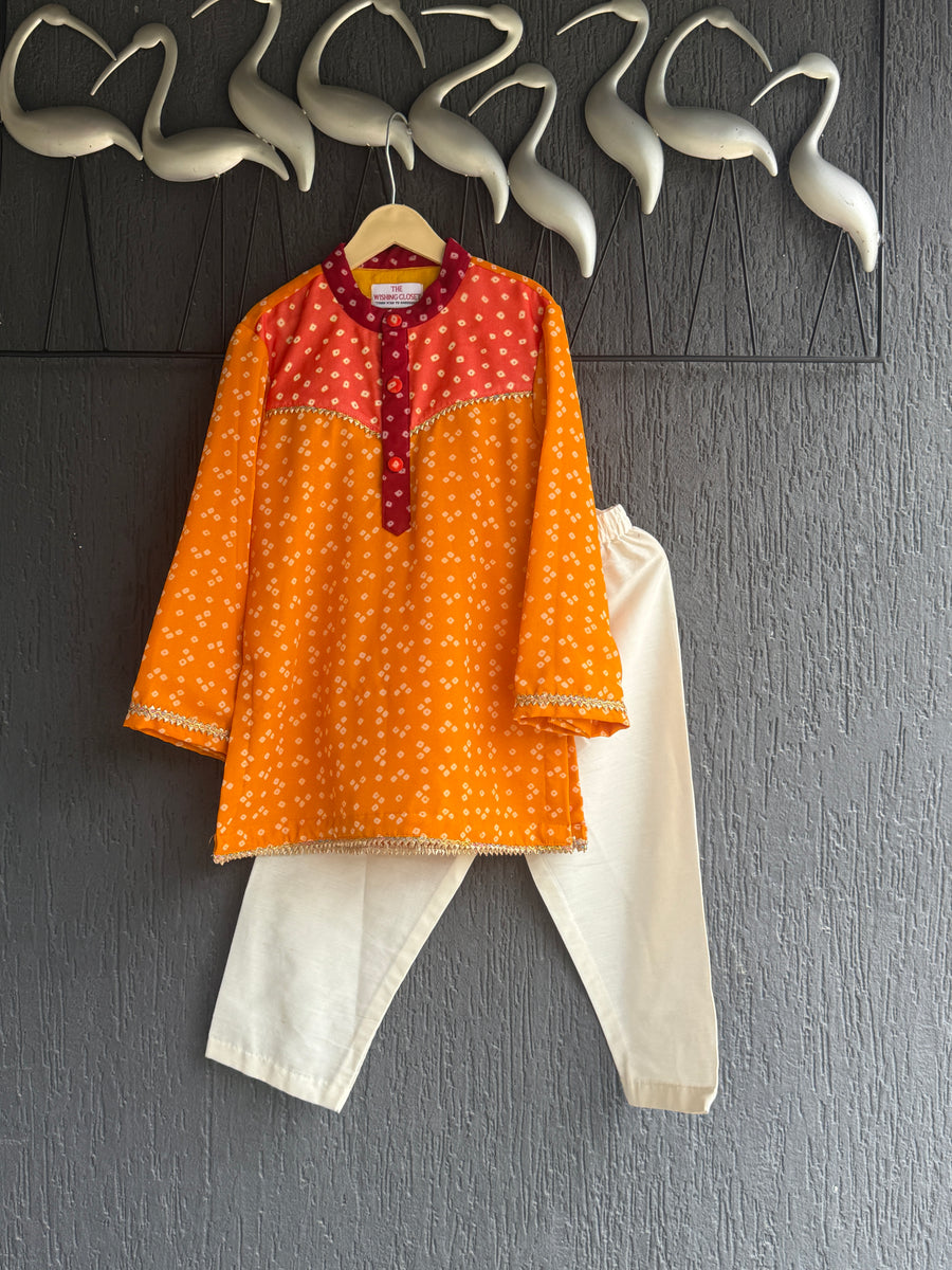 Yellow orange leheriya boys kurta set
